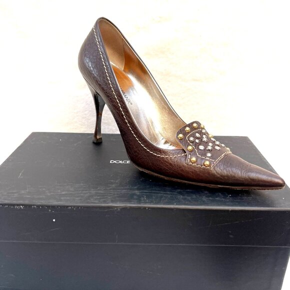 Auc Dolce & Gabbana Vitello T.Moro studded point Toe heels IT38 US 8 - Picture 8 of 14